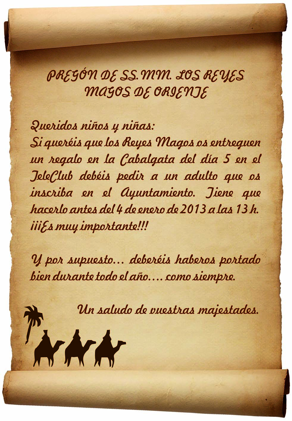 Carta Padres Reyes Magos Navidad'12: Cabalgata de Reyes - Santa María del Berrocal